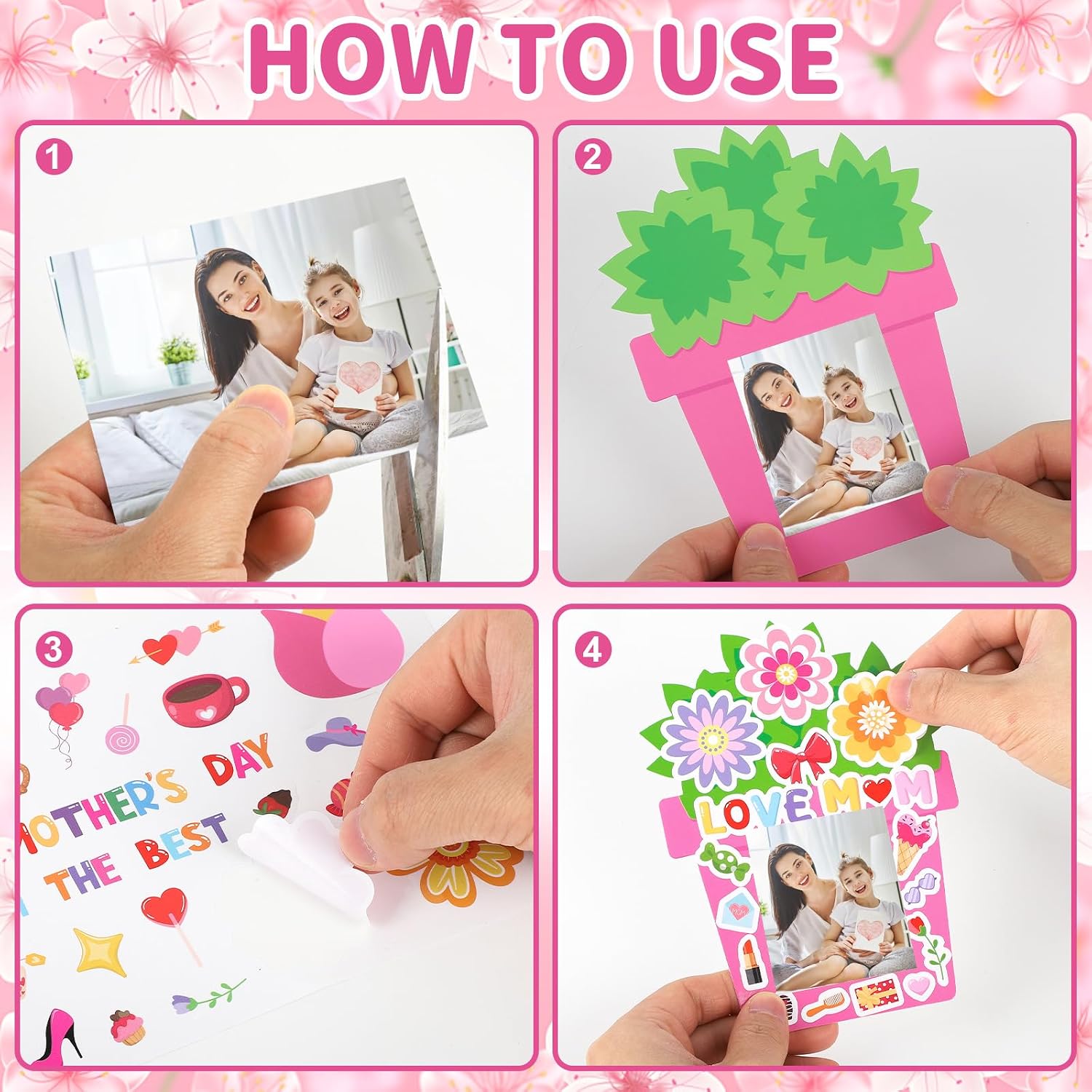 24 PCS Mother's Day Picture Frame Ornaments Paper DIY Photo Frame Craft Set Hanging Decorations For Mother Gifts(Flower)
