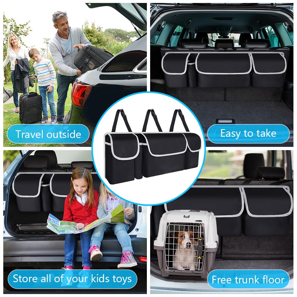 URAQT Organizador de Maletero de Coche, Bolsa de Almacenamiento Plegable para Coche con 4 Bolsillos, Bolsa Impermeable para Maletero del Asiento Trasero, 3 Correas de Hombro Ajustables