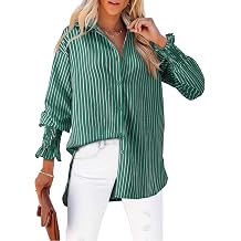 Womens Striped Button Down Shirts Long Sleeve Smocked Cuffed Oversized Boyfriend Blouses Collared Work No Pockets Tops