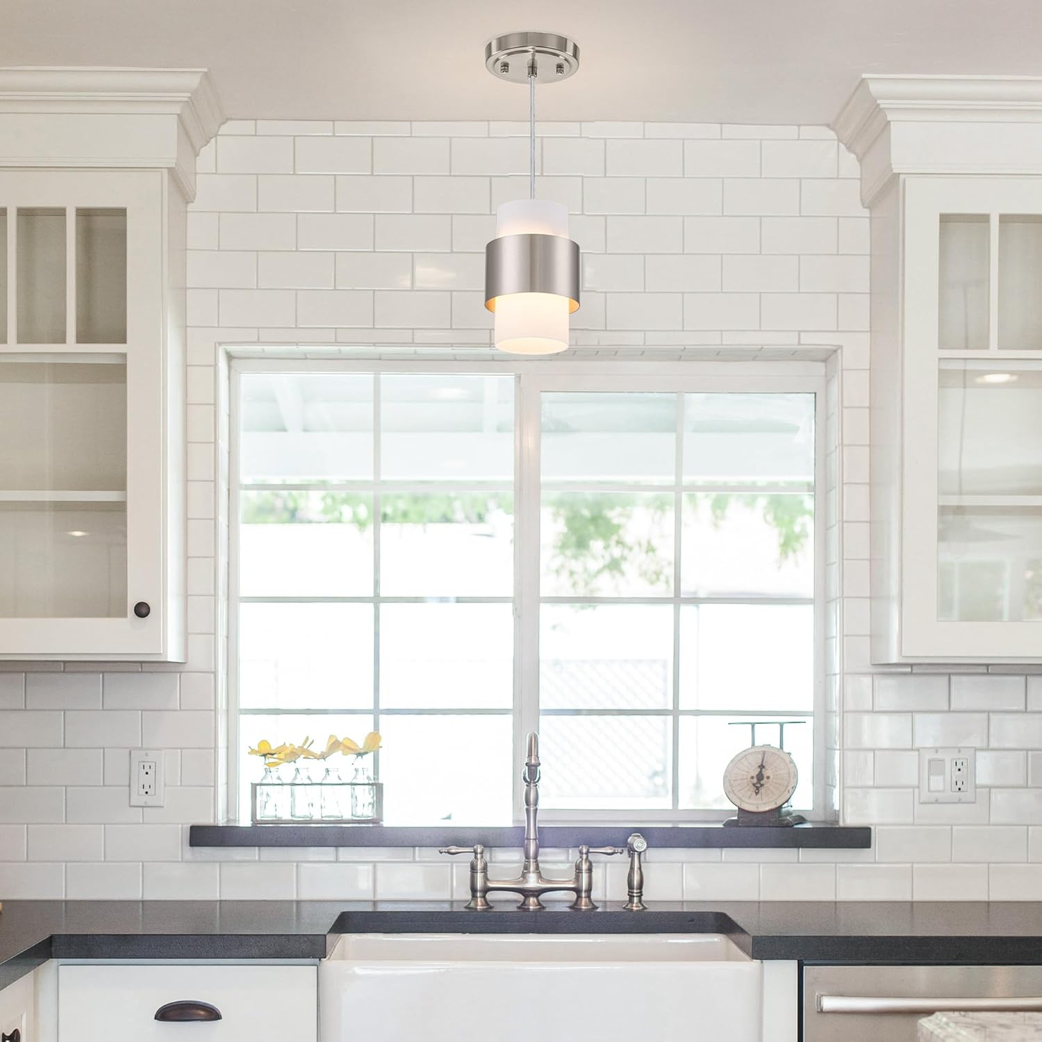 Modern Pendant Lighting, Nickel Hanging Light Fixtures for Kitchen Island Hallway Porch Corridor Bedroom with Frosted Glass Shade, 1 Light