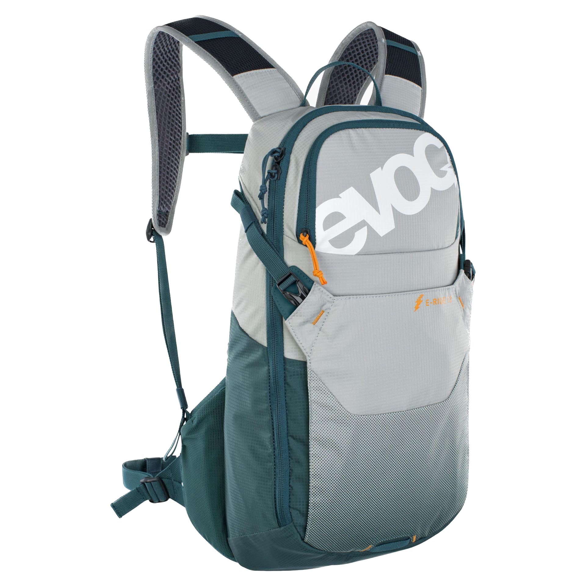 EVOC E-RIDE 12 bike backpack, e-bike rucksack (extra-light, compact, AIR CIRCULATION, AIR PAD SYSTEM, CONTROL DISPLAY PANEL, XC/DH helmet mount, strap fixation system), Stone Grey/Petrol
