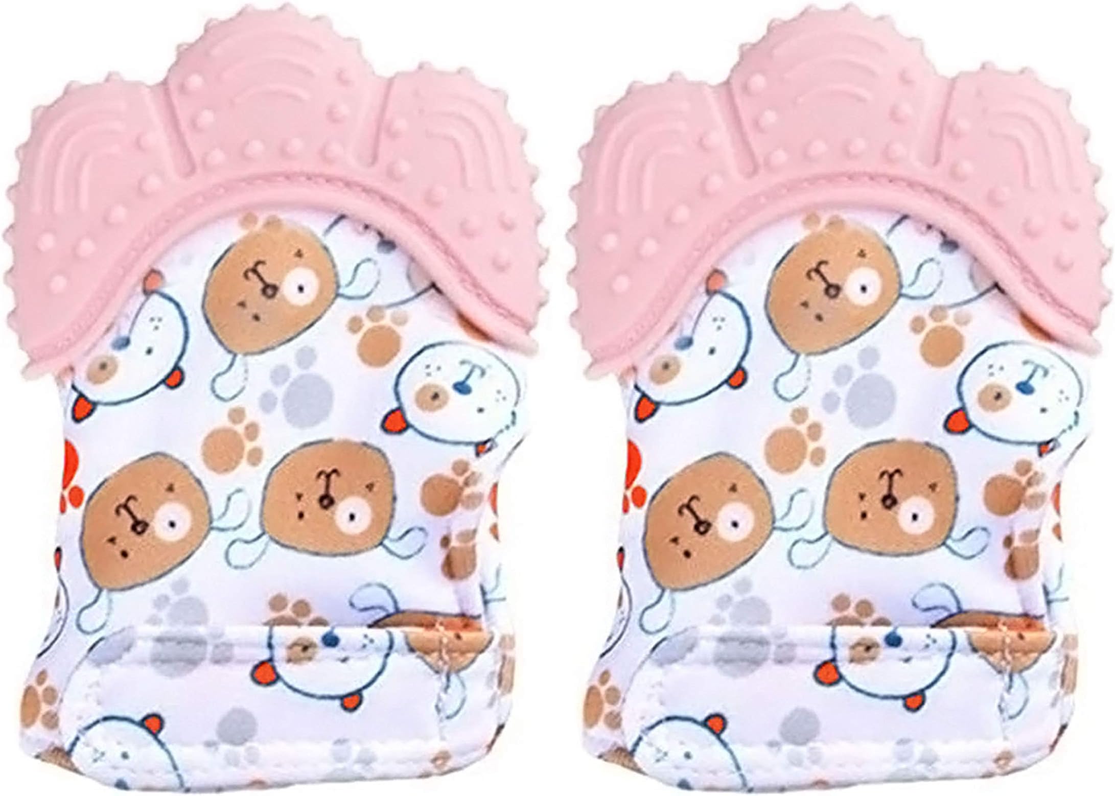 Mahikrite Soft Food-Grade Silicone Handy Self-Soothing BPA-Free Bear Teething Mitten Gloves for Baby Boys and Baby Girls (Pink, 3-12 Months) -2 Pack/1 Pair