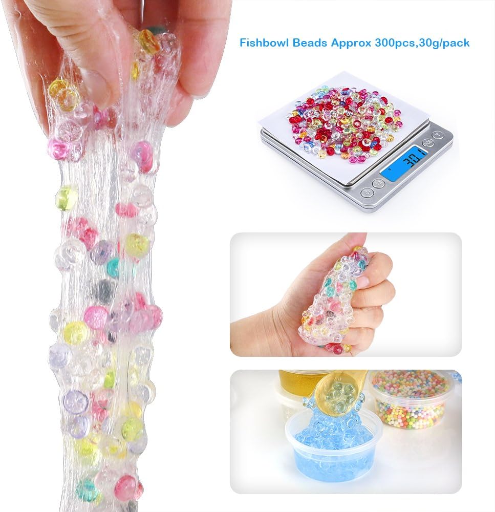 OPount 15 Pack Slime Making Kit Including Fishbowl Beads, Foam Balls, Slime Storage Containers, Confetti, Fruit Slices, Slime Tools, Wooden Spoon and Instructions for Slime Making Art DIY Craft