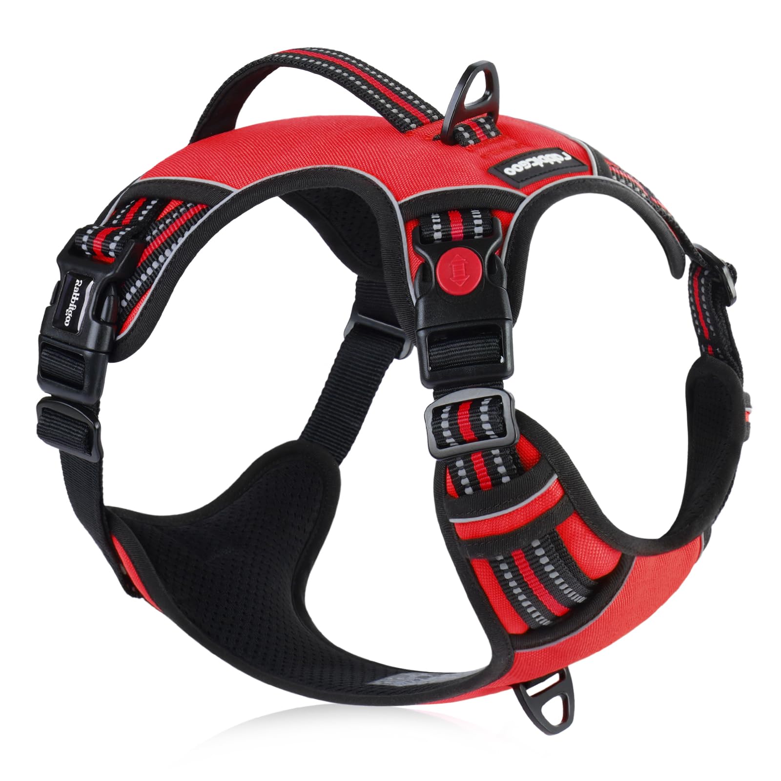 rabbitgoo Dog Harness for Large Dogs, No Pull Pet Harness with Soft Padded Handle, Adjustable Reflective Vest with 3 Buckles, Easy Walking Harness with 2 Leash Clips, Red, L