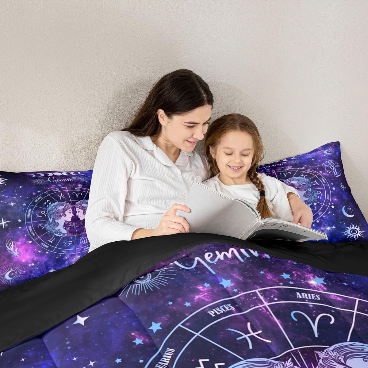 Gemini Kids Comforter Set Queen Size,12 Constellations Astrology Zodiac Bedding Set,Girls Boys Adults Room Decor,Sun Moon Starry Sky Galaxy Down Comforter,Purple Romantic Duvet Insert,2 Pillowcases