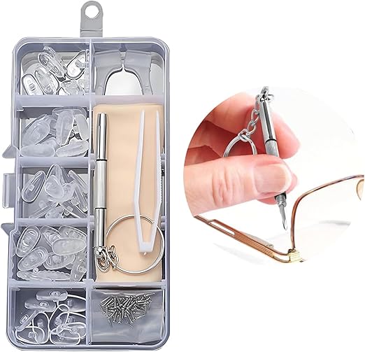 [Aquafix] メガネ鼻パッド シリコン製 メガネ修理キット 眼鏡 鼻あて 交換セット ドライバー ネジ クロス ピンセット ケース 付き パッド跡軽減 メガネずり落ち防止 ズレ防止