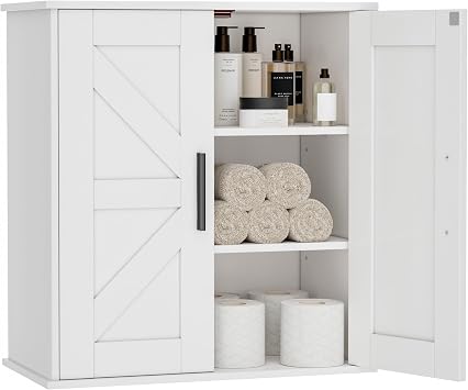 Homleke Bathroom Wall Cabinet, Over Toilet Storage Cabinet with Barn Doors and Adjustable Shelves, 3-Tier Medicine Cabinet Wall Mounted, for Bathroom, Kitchen, Entryway, Laundry Room, White, 11.8" D