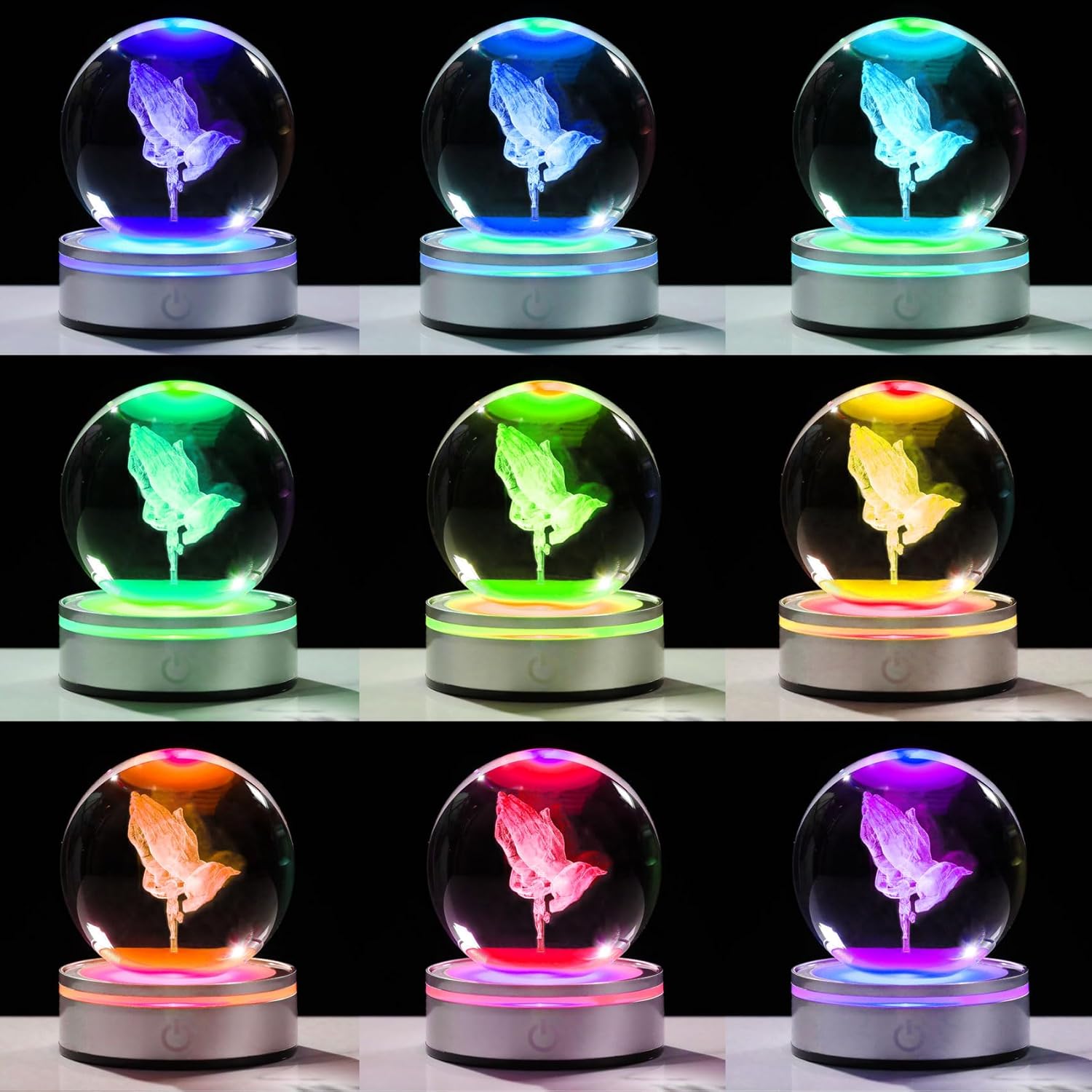 Movdyka 3D Crystal Ball Jesus Praying Hands with Cross Figurine, Laser Engrave Religious Gifts for Women Men Christian with Colorful Light Base, Christian Gifts for Friend - Image 2