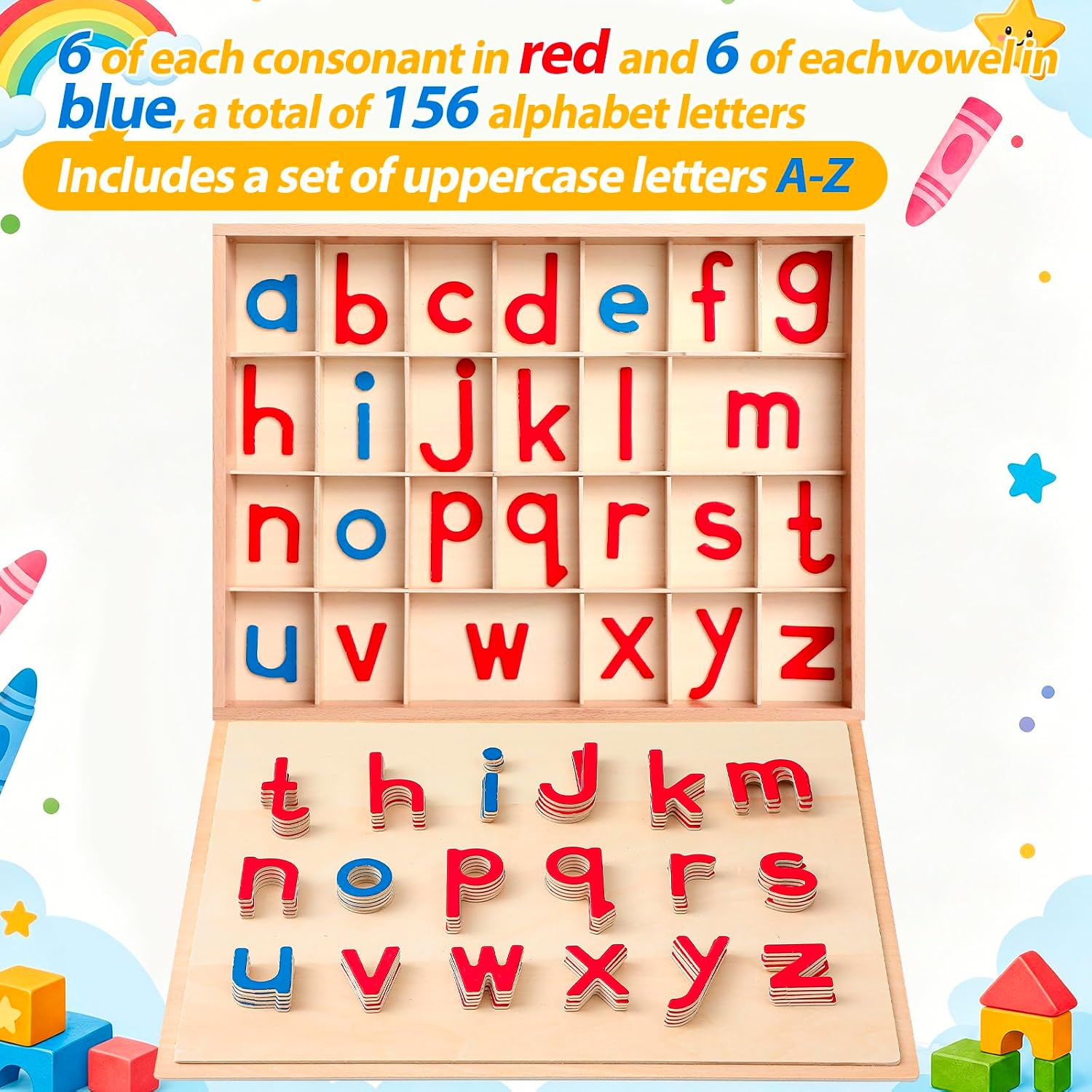Juexica Montessori Letters Movable Wood Alphabet with Box and Large Mat Small Wooden Alphabet Montessori Trays Preschool Spelling Learning Language Materials, Red, Blue (Capital Letters)