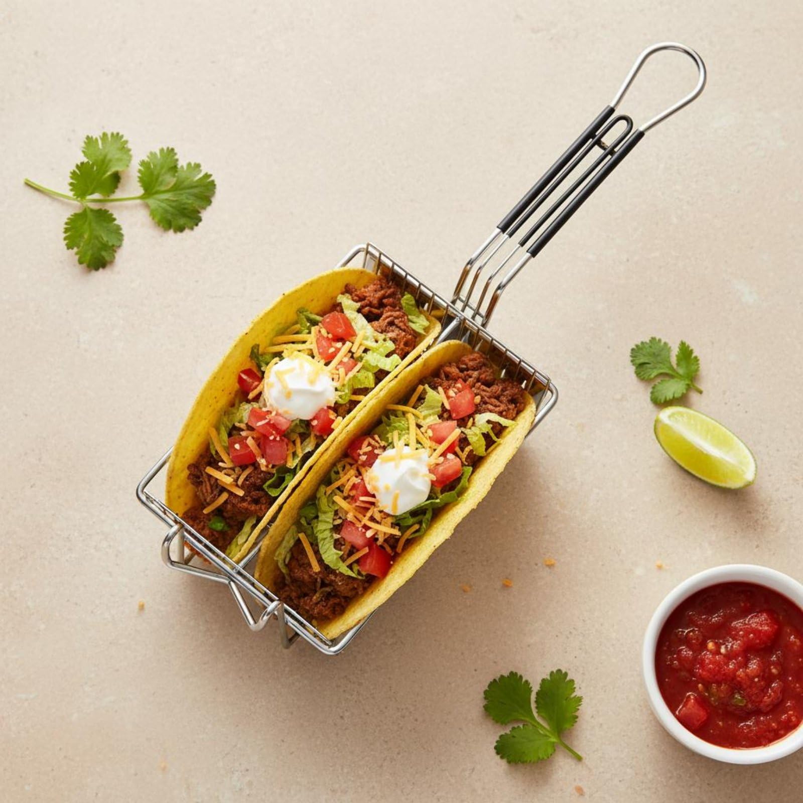 Cesta Freidora para Tacos Acero Inoxidable Cesta para Freír Tacos Cocción Eficiente Freidora de Tortillas de Taco para Cocineros, Desmontable 6-Grid V