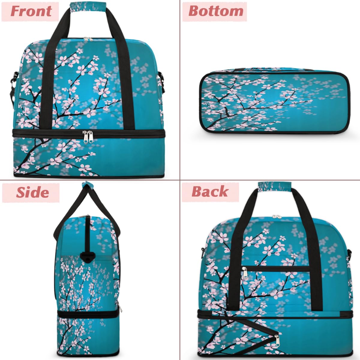 Bolsa de viaje plegable con estampado de flor de cerezo de 47 L, bolsa de fin de semana con funda de carrito de hombro separado para deportes, gimnasio, viajes, multicolor, 47L, Bolsa de viaje