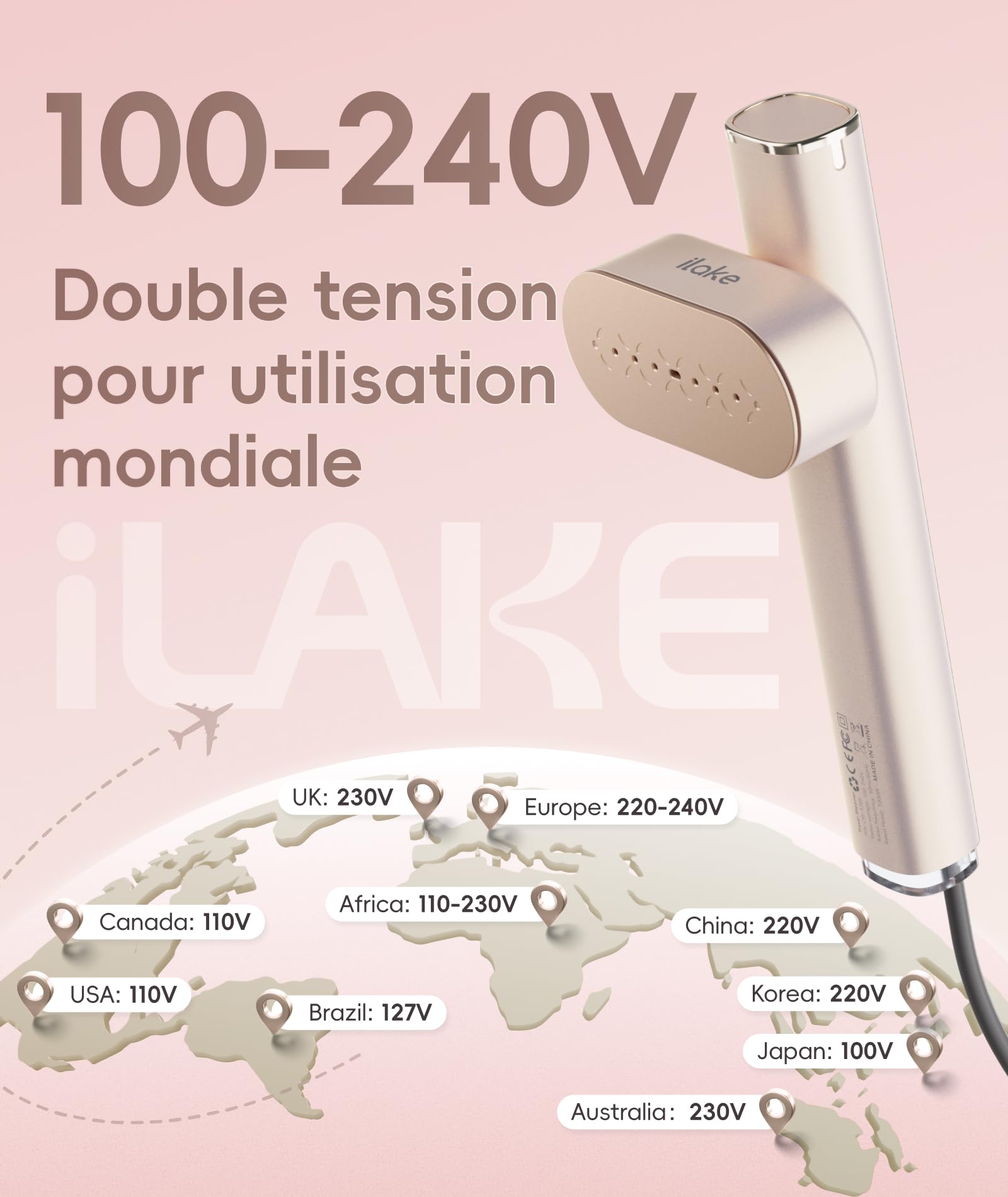 Défroisseur vapeur portable 2 en 1 pour vêtements, 100-240 V, double tension, réservoir d'eau de 1000 W et 120 ml, or rose