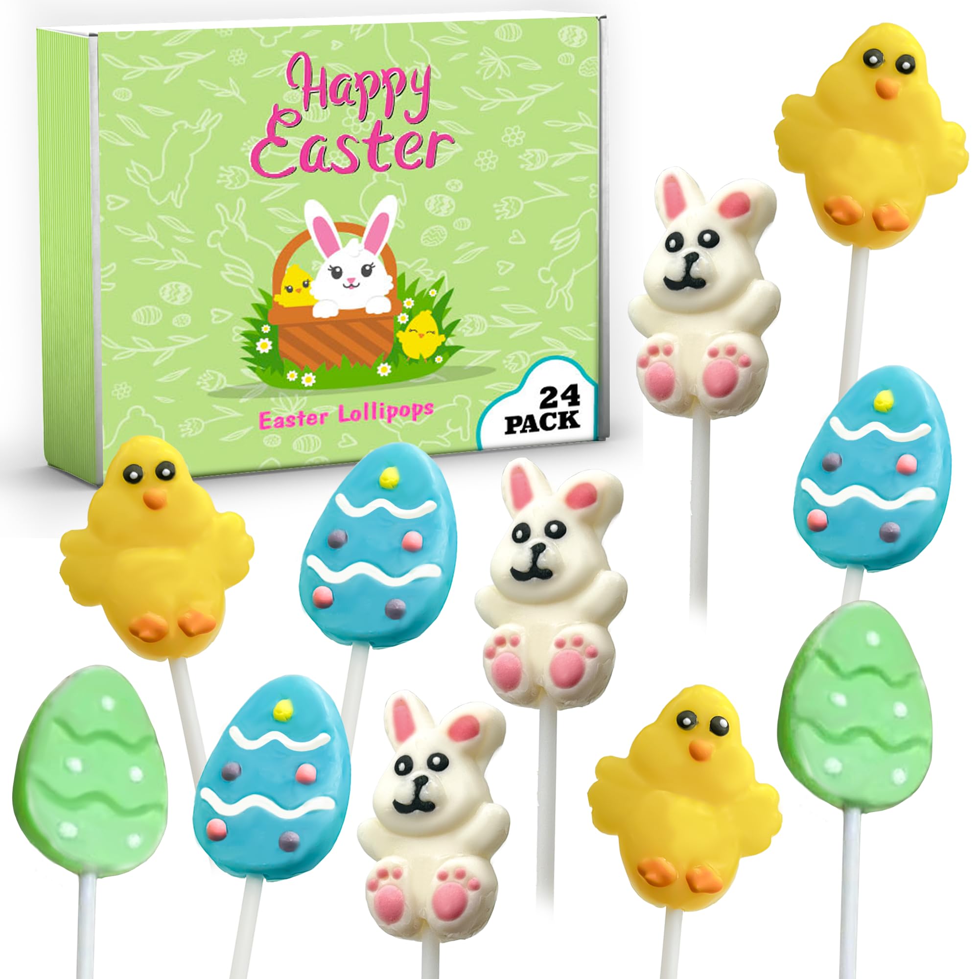 24 Easter Candy Lollipops Individually Wrapped Bulk Variety Pack - Bunny, Chick, Egg - Easter Basket Stuffers - Egg Hunt - Candy Dish (Strawberry, Raspberry, Lemon)