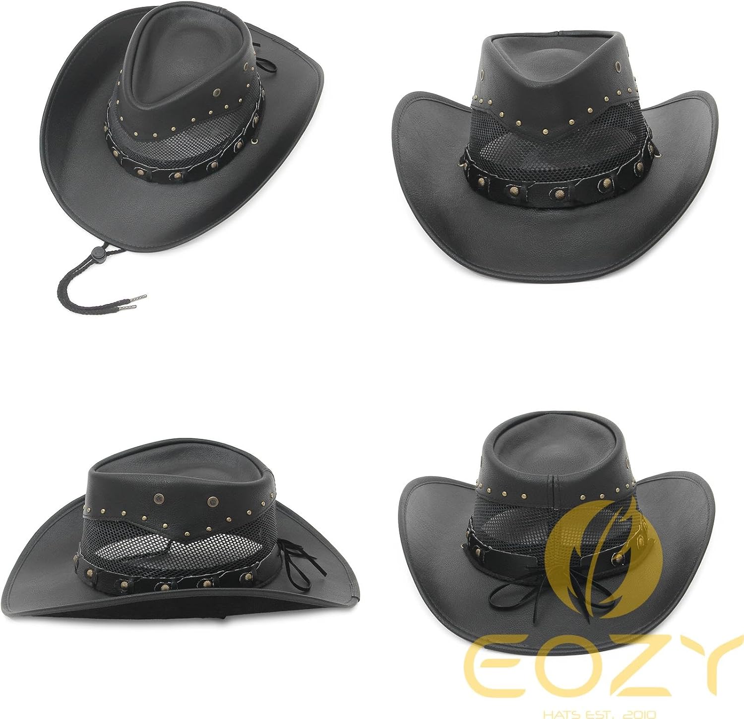 EOZY Western Leather Cowboy Hat for Women Men Summer Hollow Out Cowgirl Hat Beach Sun Hat with Chin Strap
