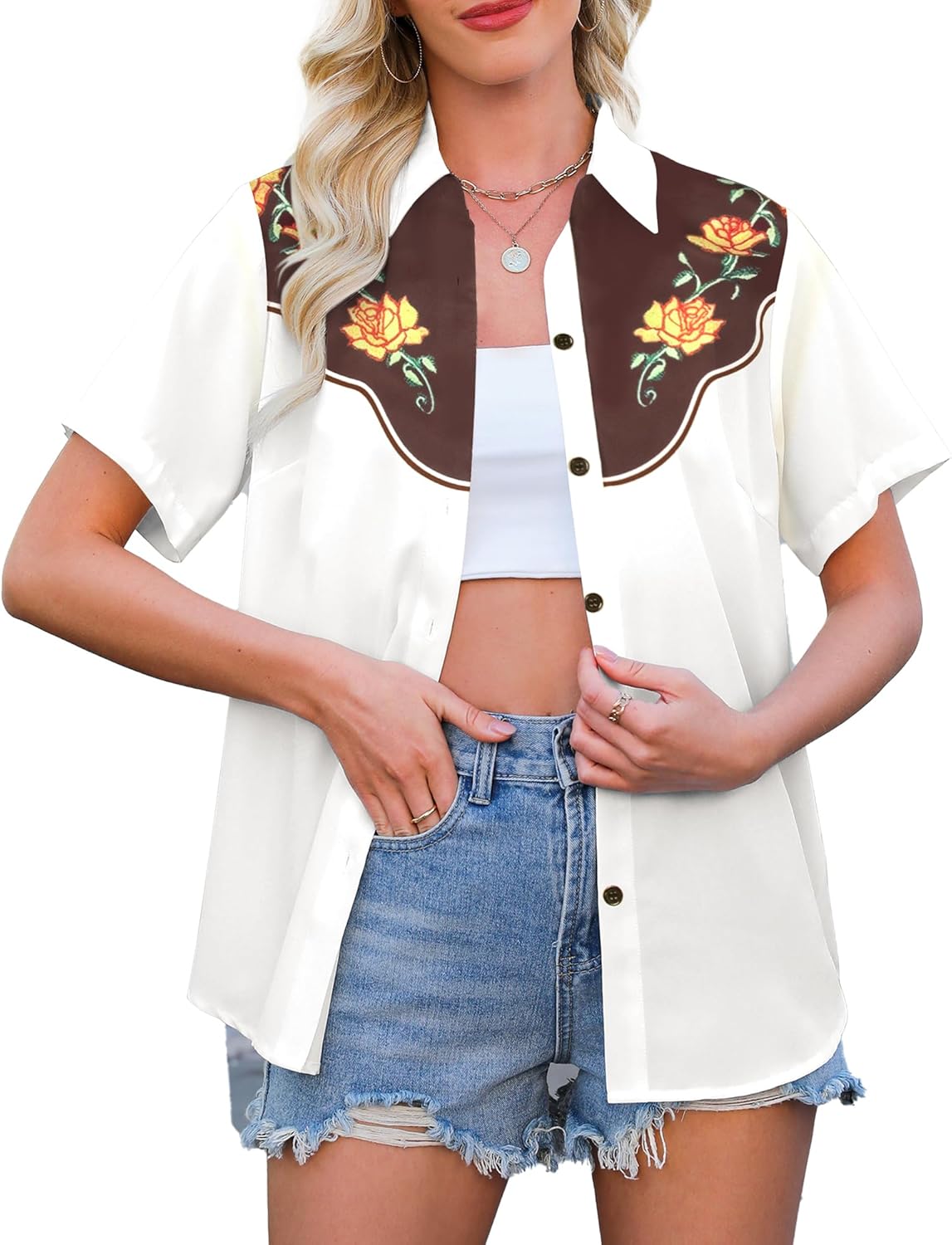 Western Shirts for Women Retro Cowgirl Shirt Rodeo Button Down Tshirt Casual Collared Cowboy Blouses Tops