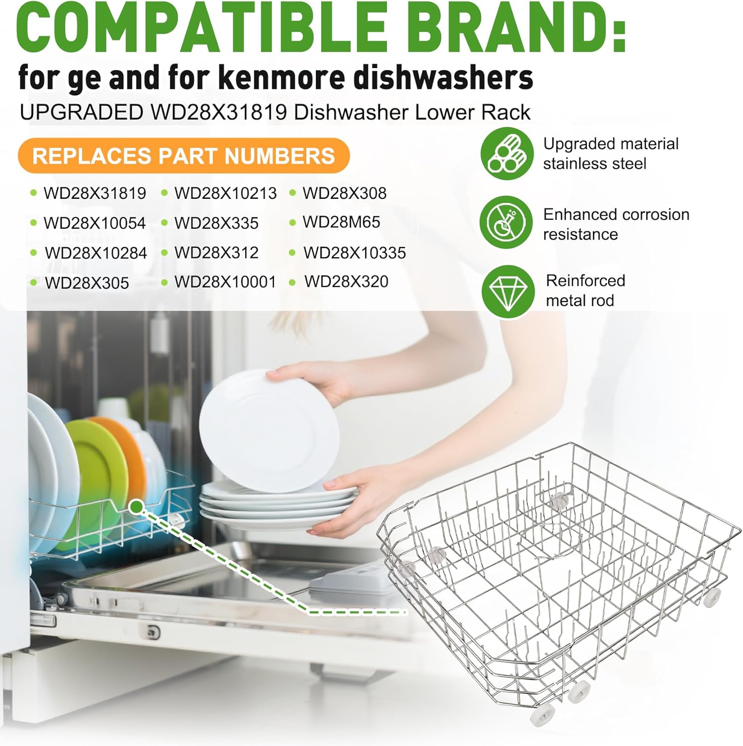 Upgrade WD28X31819 WD28X10284 Dishwasher Lower Rack Replacement for GE Dishwasher Parts, Replace for WD28M65 WD28X10001 WD28X10213 WD28X305 WD28X10335 WD28X10054