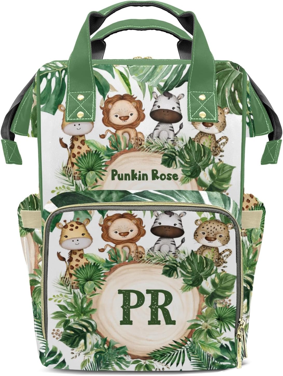 Jungle Animals Safari Monogram Customizable Large Capacity Diaper Bag Personalized Name,Waterproof Multi-Function Mommy Bag with Thermal Pockets for Girls Boys