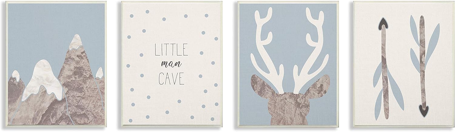 Stupell Industries The Kids Room Blue and Linen Little Man Cave Set of Four Wall Plaque Art, 4pc, Each 10 x 15, Proudly Made in USA, Multi-Color