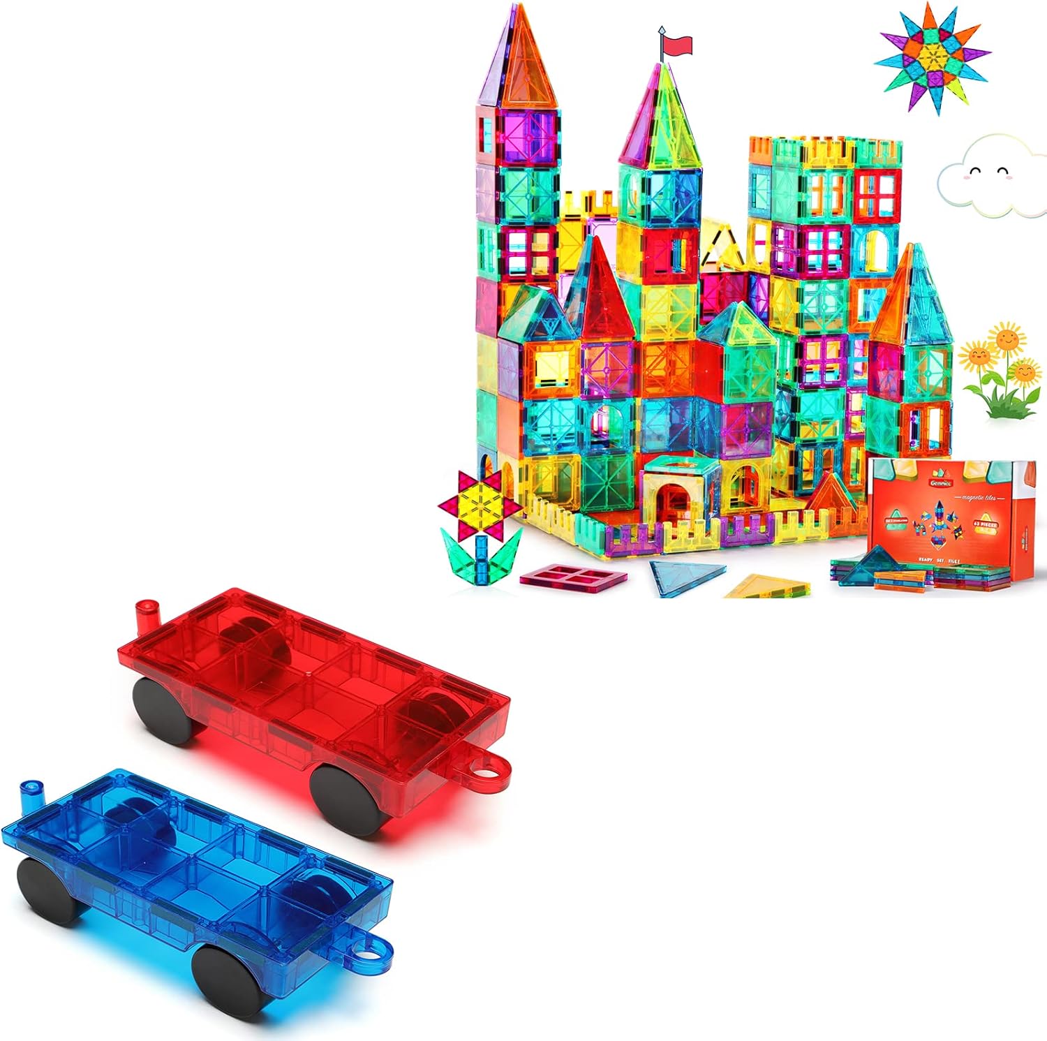 Gemmicc 2PCS Magnetic Cars + 63PCS Magnetic Tiles Set