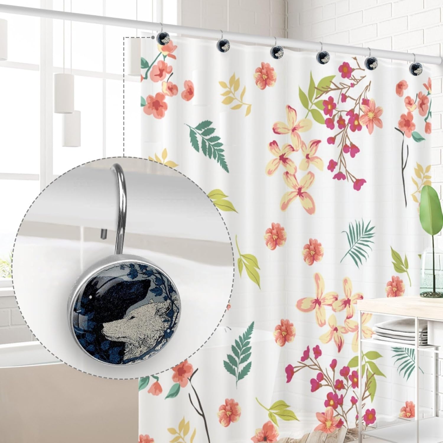 12 Packs Yin Yang Wolf Shower Curtain Hooks, Stainless Steel Glass Shower Curtain Rings for Bathroom Decor, Metal Rustproof Curtain Rod Hooks