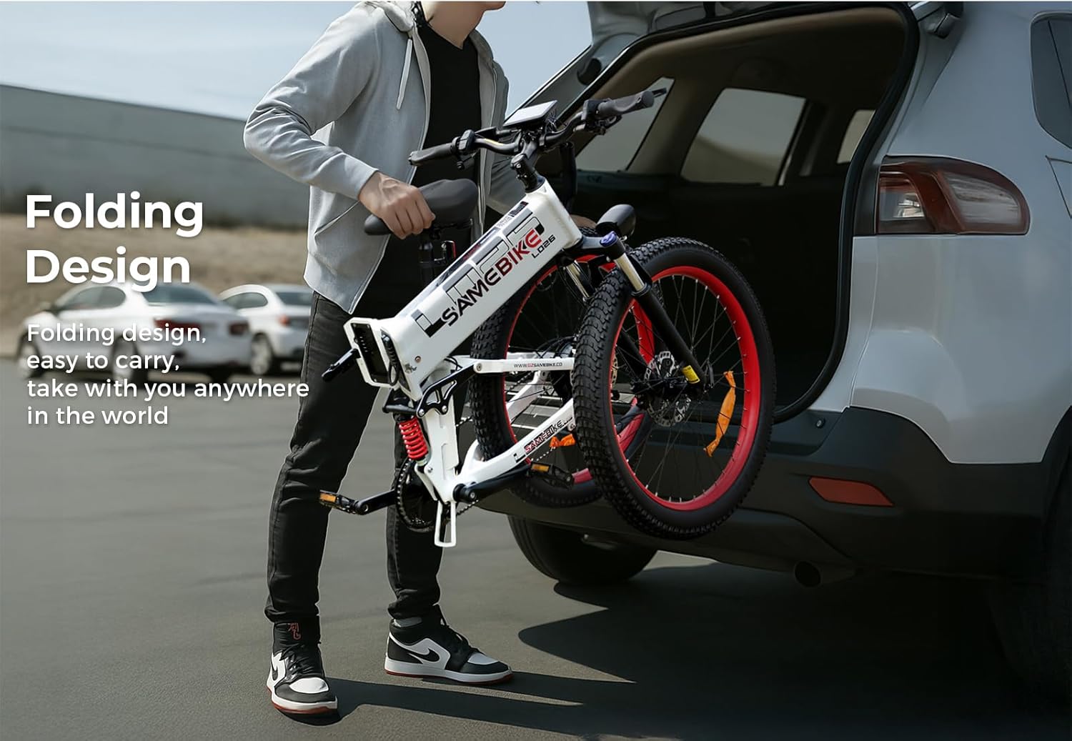 Close-up of bicycle details including headlight, suspension, seat, and pedal