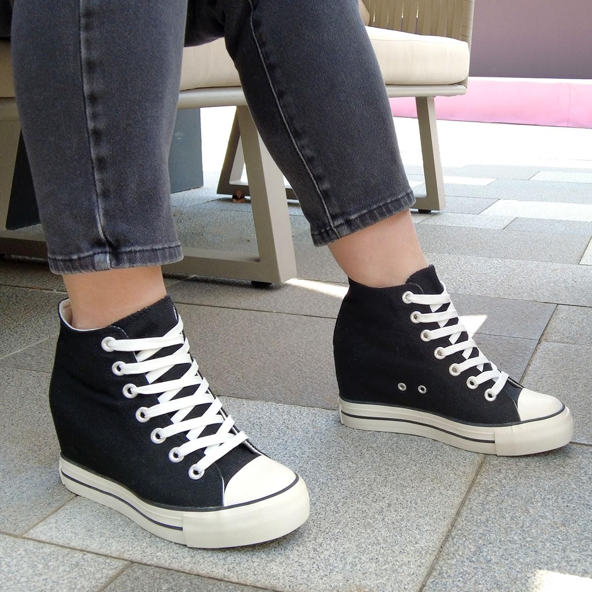 Donna Zeppe Scarpe di Tela High Top Traspirante Lacci Nascosto Zeppe Stivaletti Casual Sneaker