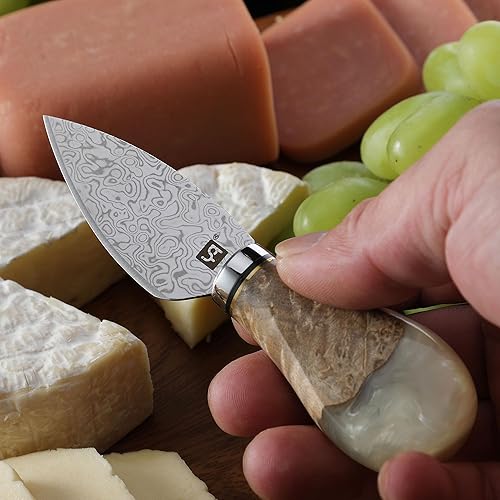 Miniatura 5 de Cuchillo de queso de acero de Damasco para tablas de embutidos, cortador de queso para quesos suaves y duros desmenuzables, resina blanca y mango de