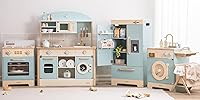 ROBUD 4-in-1 Wooden Play Kitchen Set for Kids - Realistic Fridge, Oven, Washer, Utensils & Accessories, Blue Toddler Gift Age 3+