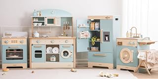 ROBUD 4-in-1 Wooden Play Kitchen Set for Kids - Realistic Fridge, Oven, Washer, Utensils & Accessories, Blue Toddler Gift Age 3+