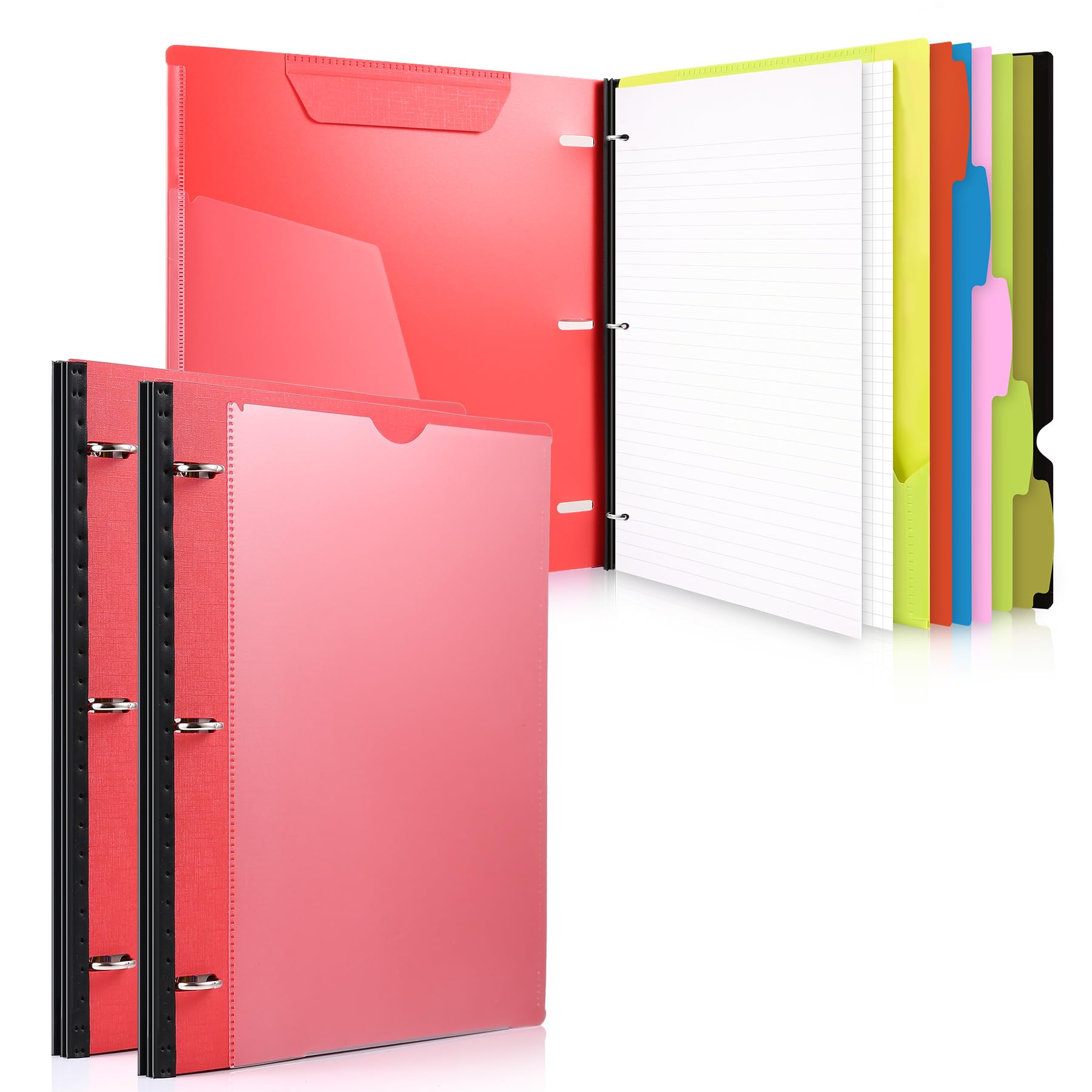 WOT I All-in-one Telescoping Binder Notebook 2PCS, Refillable 3 Ring Binder with Customized Front Cover+Catalog Back Pocket+5 Subject Dividers+Movable Pocket Folder+60 Sheets Notepaper, Red