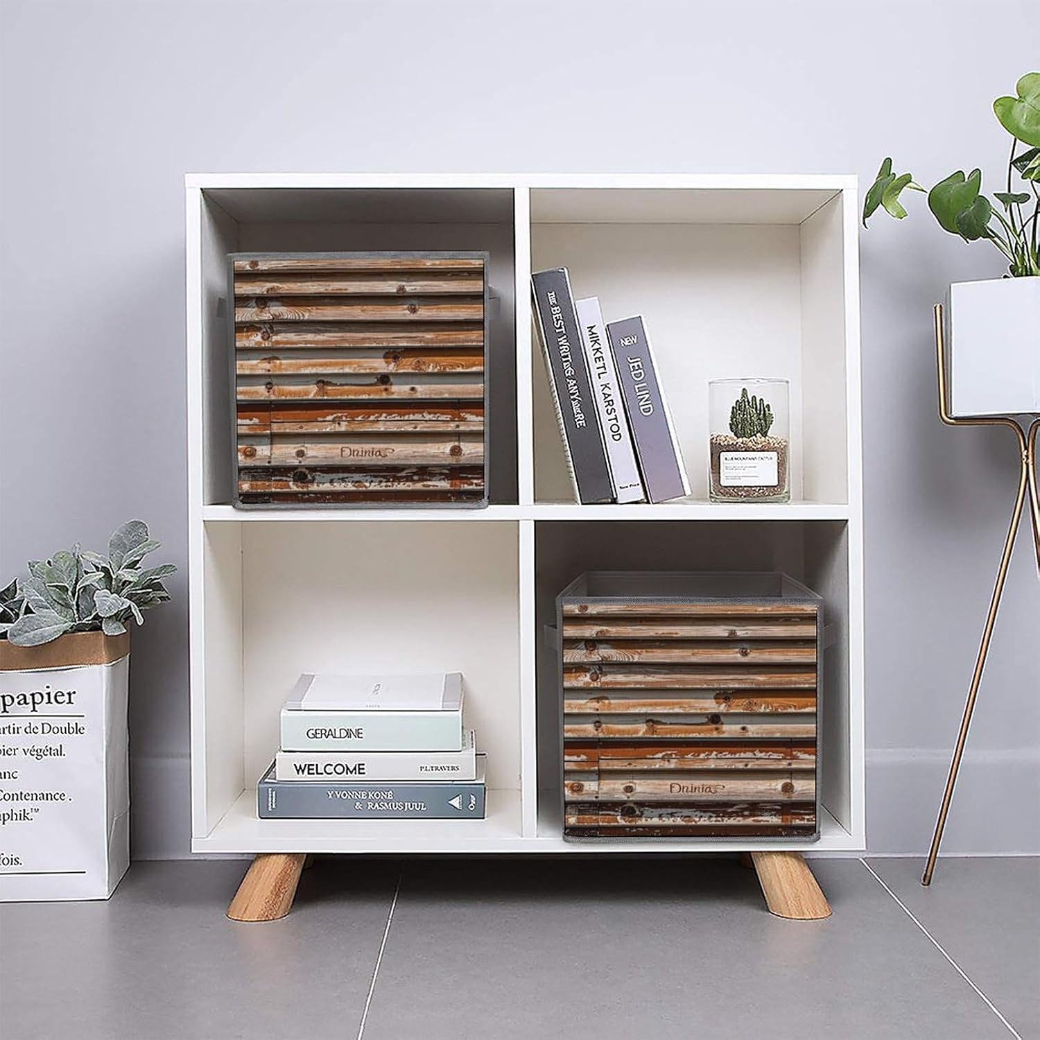 Wooden Board Arrangement Foldable Storage Box with Handles, Durable Oxford Storage Cubes, 6PCS Collapsible Closet Organizer for Home, Shelf, Office, Travel