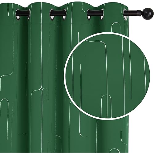 Deconovo Room Darkening Curtains, Window Drapes with Line Foil Print for Loft, Grommet Home Decor Panels, Dark Green, 52W x 72L Inch, 2 Panels