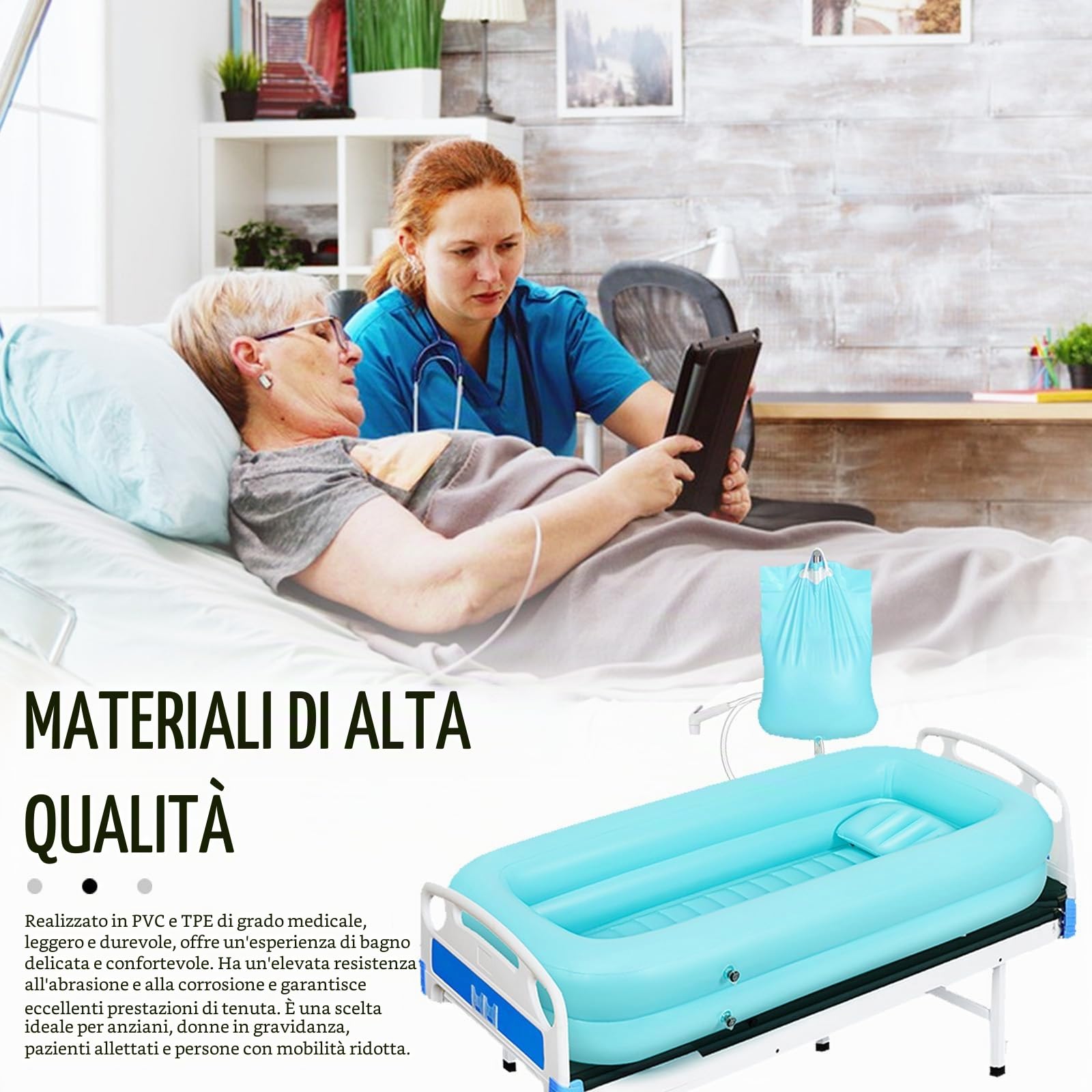Vasca per Doccia, Vasca da Bagno Gonfiabile, Set Vasca da Bagno Doccia Gonfiabile Medica, Sistema Doccia Portatile sul Comodino, Sistema Doccia con Pompa per Anziani/Disabili/Costretti a Letto