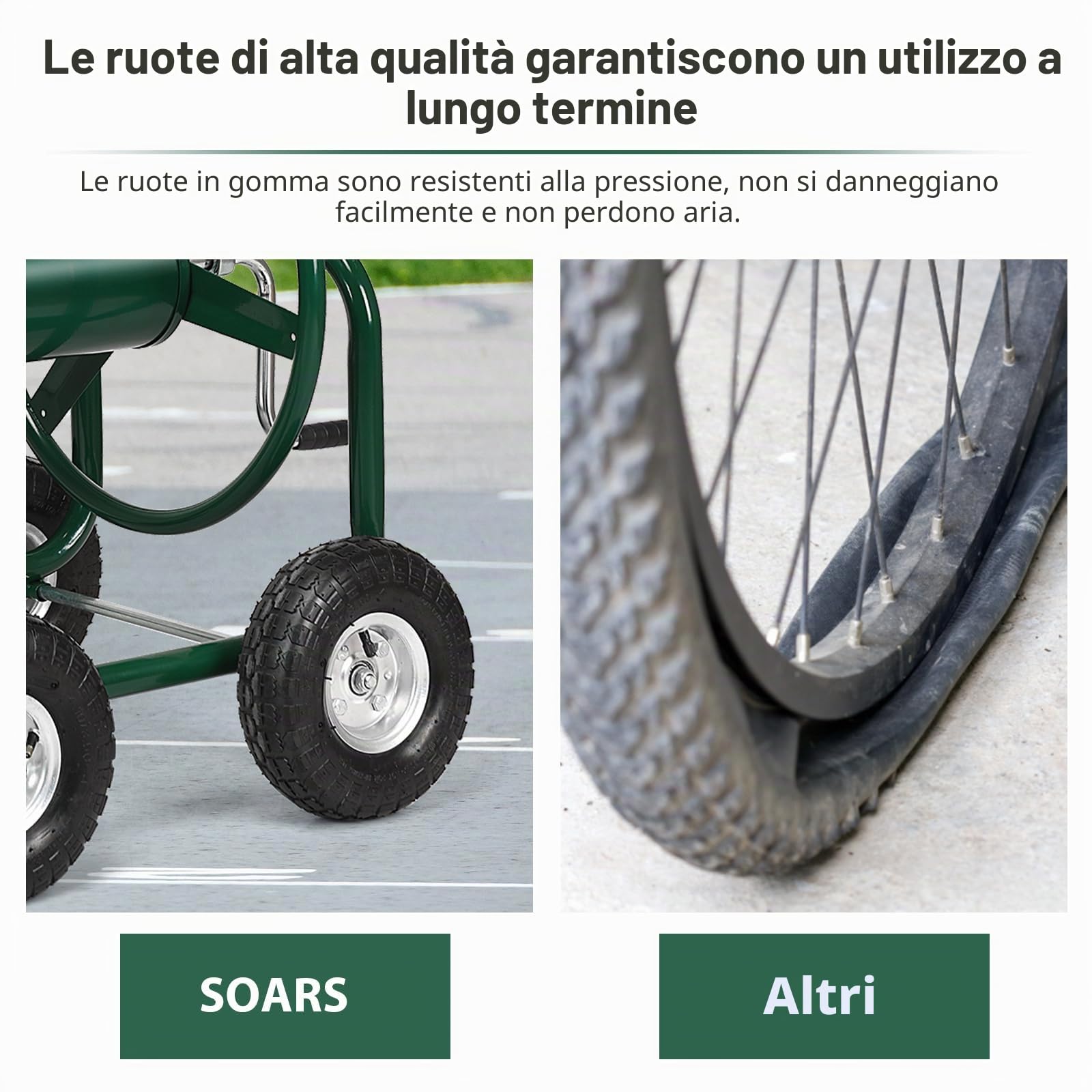 SOARS Carrello Avvolgitubo da Giardino per Tubi da 5/8", Fino 80 Metri | Avvolgitubo in Metallo con Cestino e 4 Ruote Pneumatiche, 95 x 62 x 113 cm, Verde