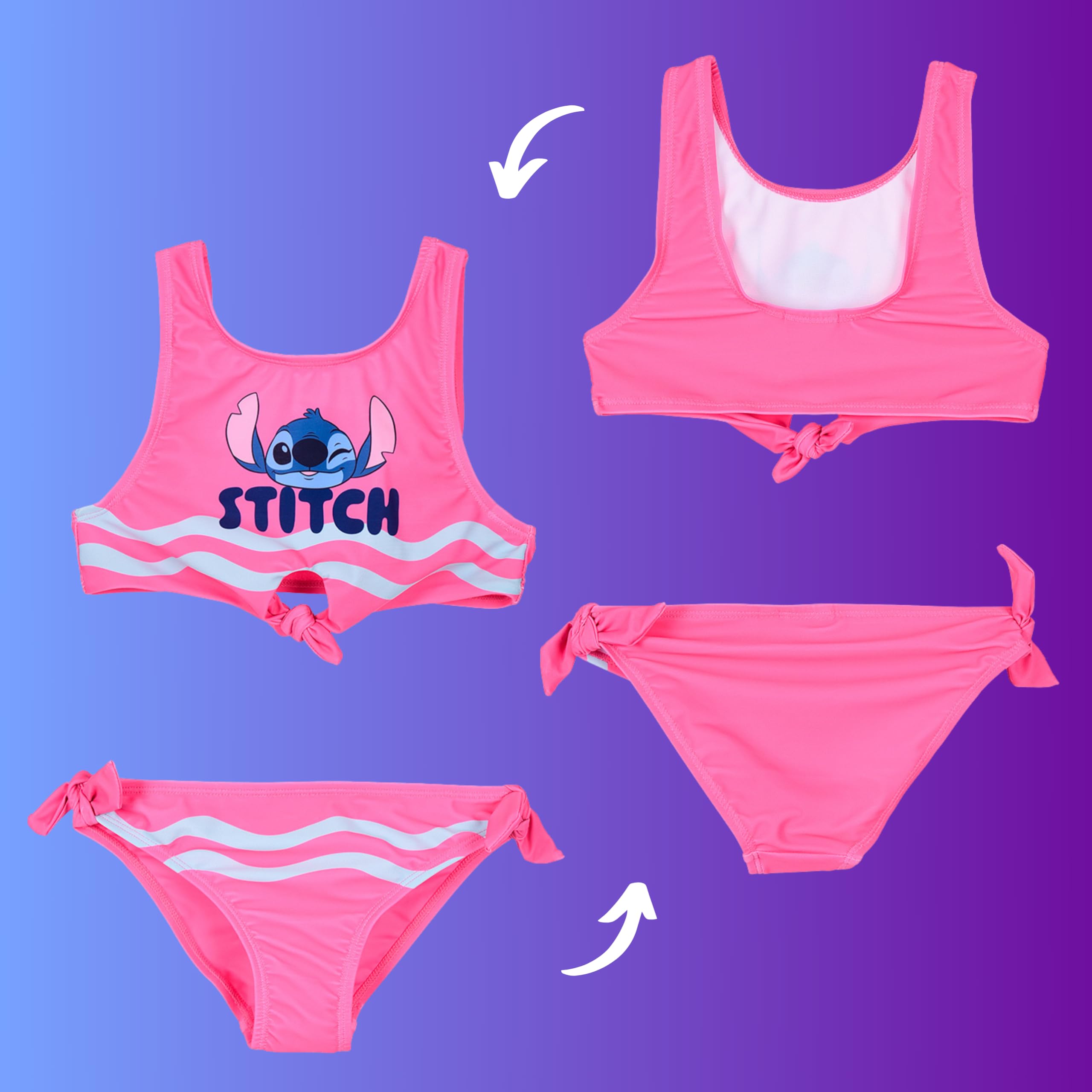 Disney Stitch Bikini para Niña, Diseño Lazos Bañador de Dos Piezas Verano Infantil, Tallas 6 a 12 Años
