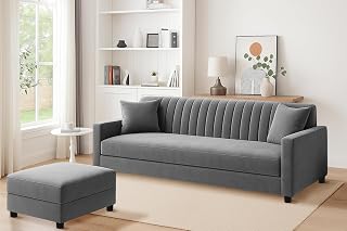 DIVISHA HOMES 3 Seater Wooden Sofa Set with Ottoman, Velvet Fabric Couch, Durable & Space-Saving Design for Living Room, O... Price In India
