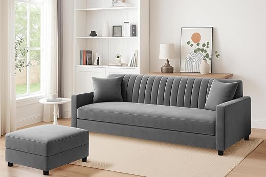 DIVISHA HOMES 3 Seater Wooden Sofa Set with Ottoman, Velvet Fabric Couch, Durable &amp; Space-Saving Design for Living Room, O...