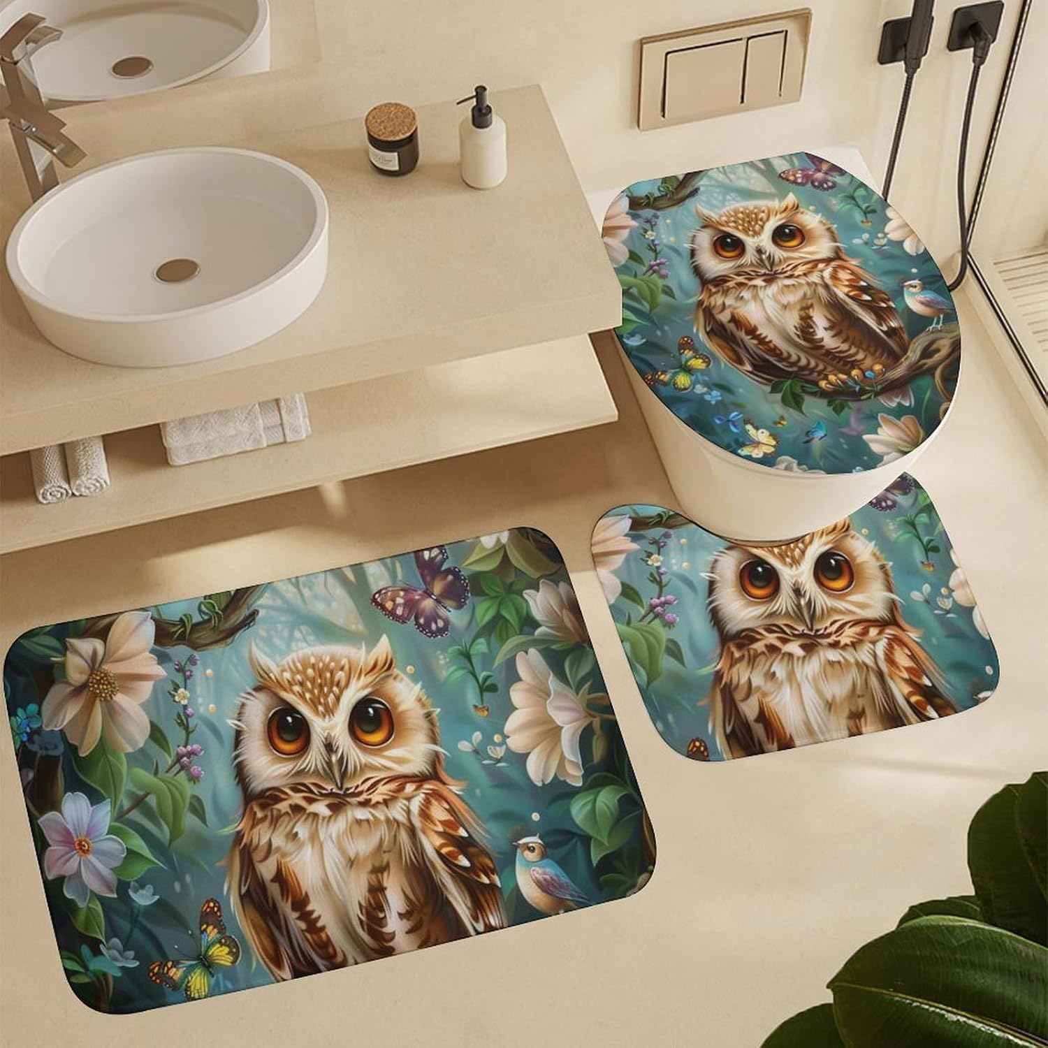 4Pcs Cartoon Owl Bird Shower Curtain Set, Fantasy Jungle Tree Floral Butterfly Bathroom Decor Set with Rug Bathroom Accessory Bathroom Curtain Shower Set, 72" x 72"