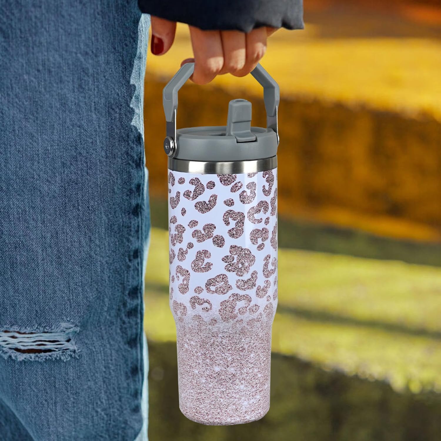 Leopard Tumbler with Handle Leopard Print Cup Cheetah Tumbler Insulated Tumblers with Flip Straw and Top Handle Stainless Steel Coffee Mug 30oz - Image 3