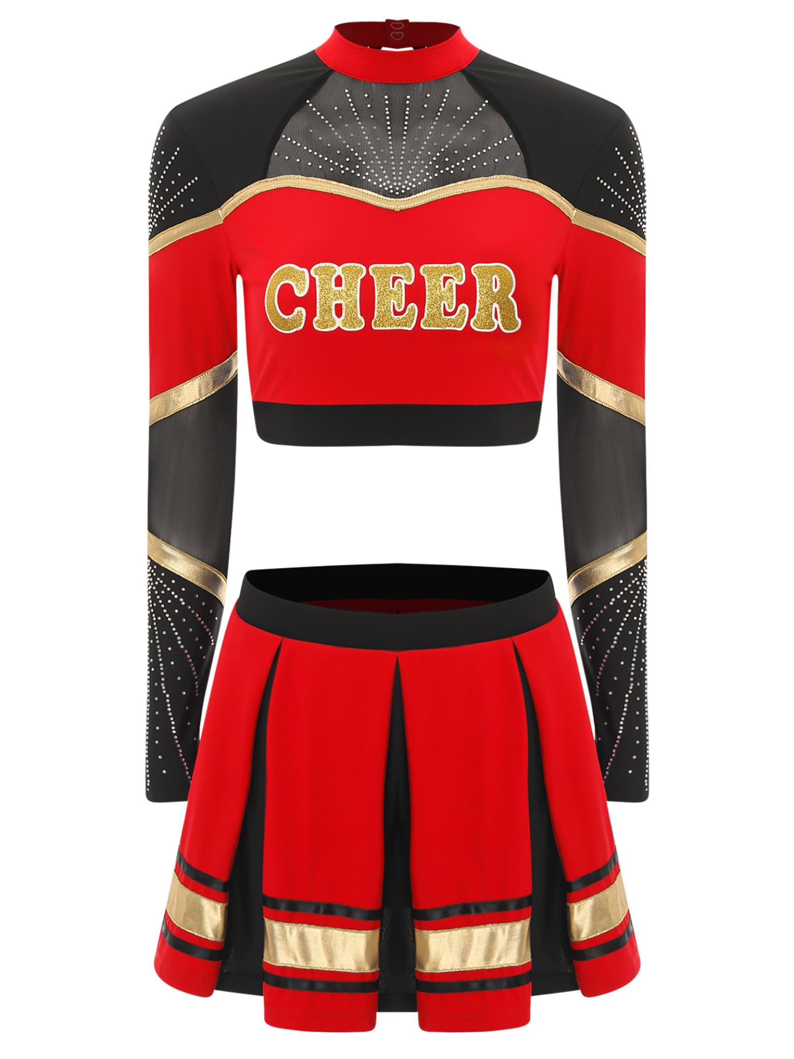 Damen Cheer Leader Kostüm Zweiteiler Crop Tops mit Faltenrock Cheerleading Uniform Tanzkleid Halloween Karneval Fasching Partykleid