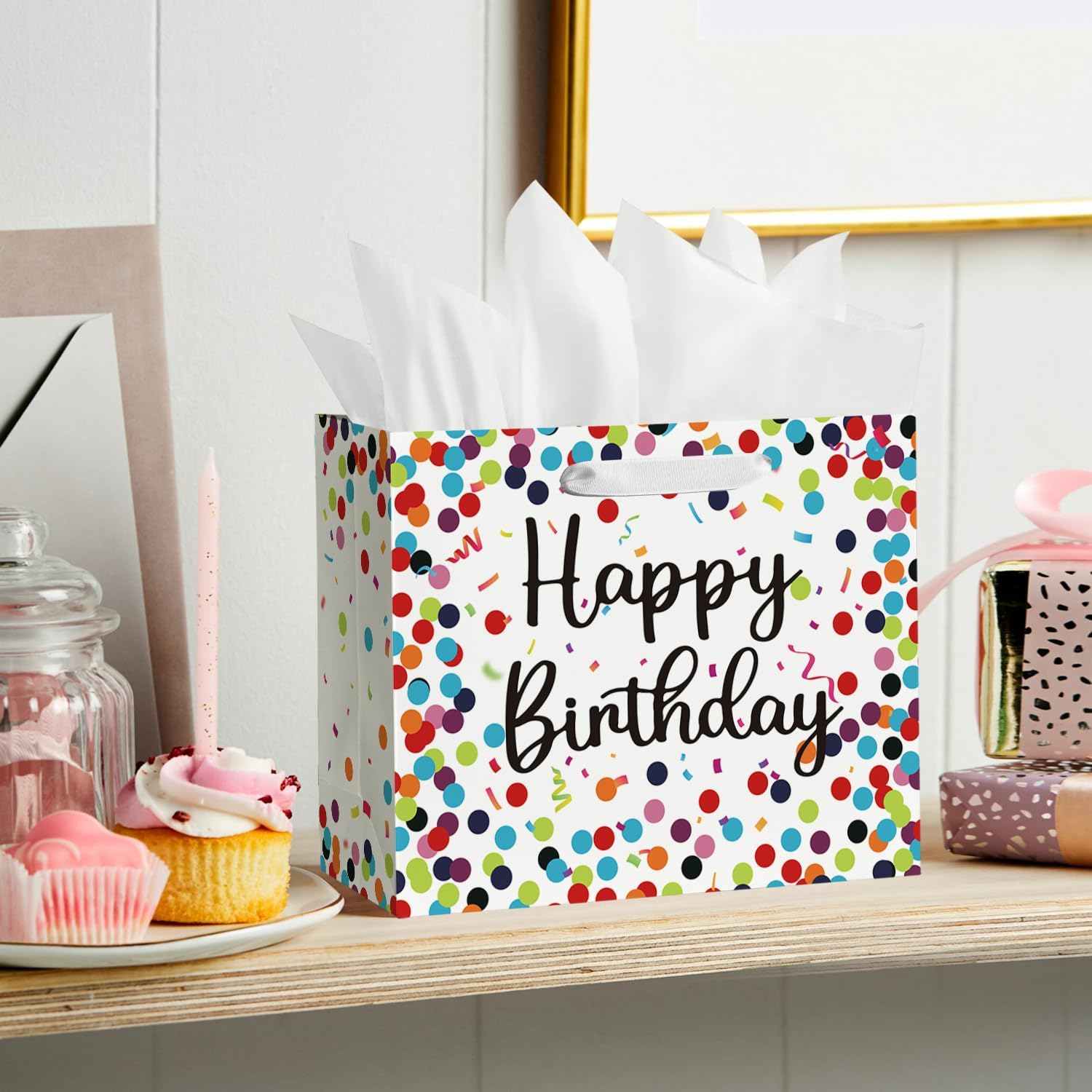 Horaldaily 13" Large Birthday Gift Paper Bags with Tissue Paper and Card, Happy Birthday Dots Streamers Gift Paper Bag for Men Women Kids Birthday,1Pcs