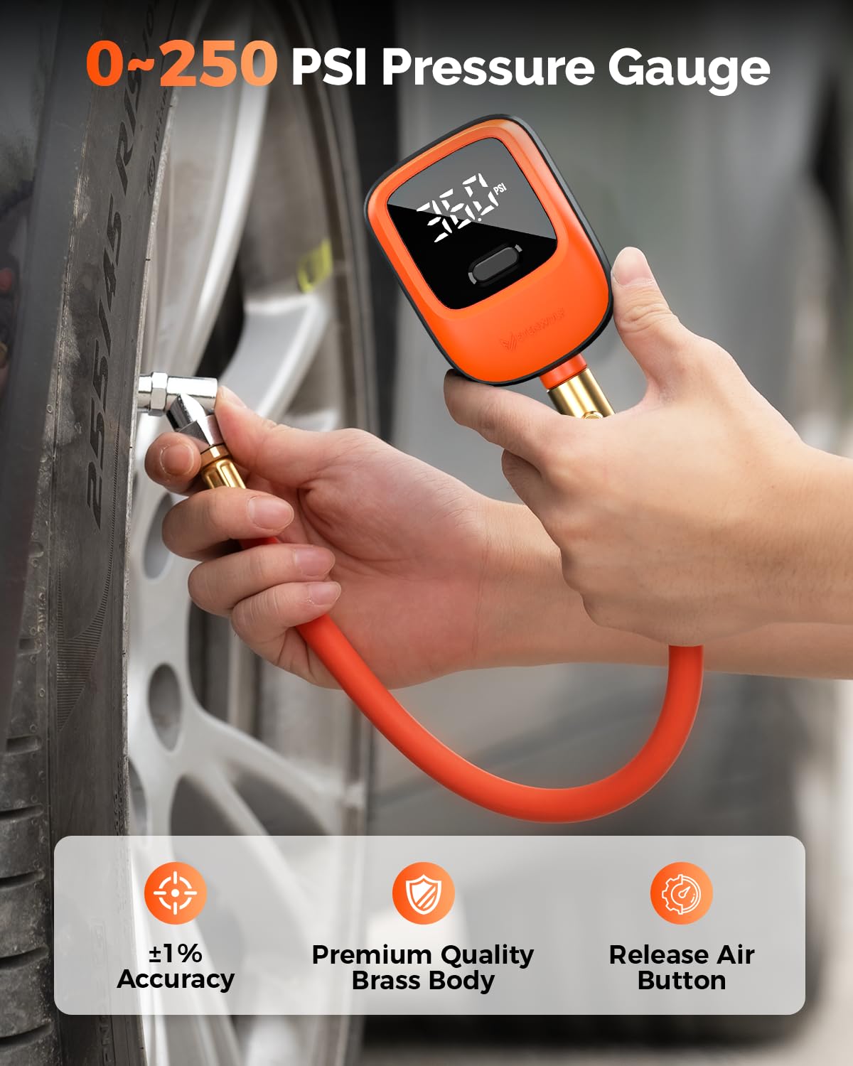 ETENWOLF T600 Digital Tire Pressure Gauge 0-250 PSI, ANSI B40.7 2A Grade High Precision(Plus-Minus 1%),Tire Gauge for Tire Pressure with Rubber Hose, Replaceable AA Batteries - 3