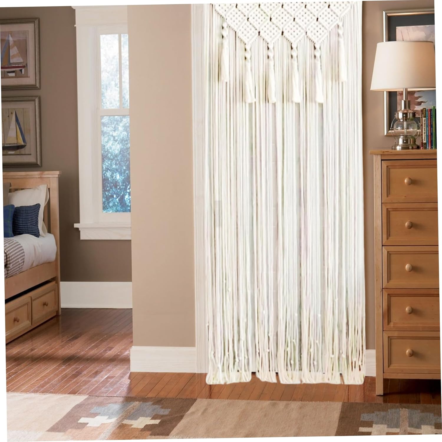 Macrame Curtain, Macrame Wall Hanging, 26x79 Inch Cotton Macrame Door Curtain with Tassel, Woven Boho Wall Art, Tapestry Wall Hanging for Doors, Windows Decor, Macrame Door Curtain