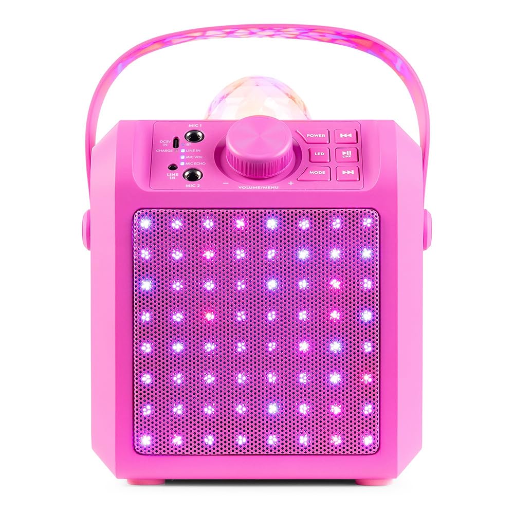 Fenton KAR55P – Musikbox Kinder Karaoke Anlage mit 2 Mikrofonen, Jelly Ball LED-Discolicht, Bluetooth, 10 Std. Akku, 50 Watt Leistung, AUX-Anschluss, Portable Karaoke Maschine Kinder in Pink