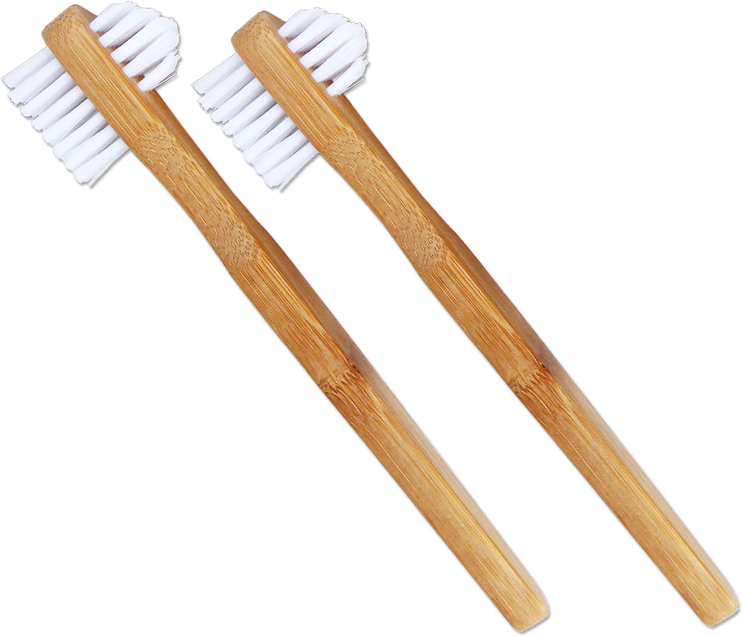 2 x Denture Brushes ~ Bamboo Handle, Double Bristle Head, Eco Friendly, Bio-Degradable