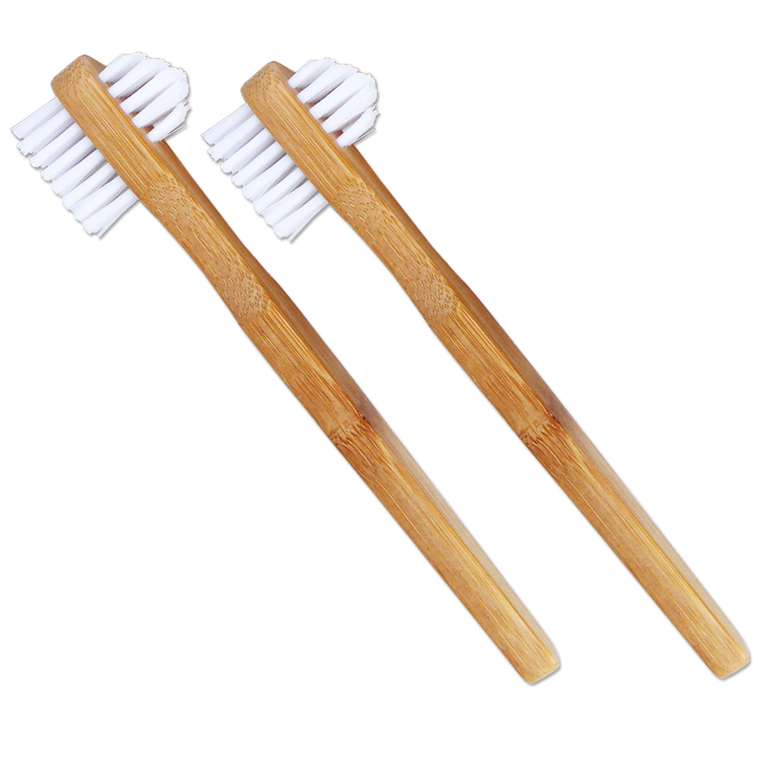 2 x Denture Brushes ~ Bamboo Handle, Double Bristle Head, Eco Friendly, Bio-Degradable