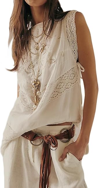 Womens Sleeveless Tie Side Embroidered Mini Dress Y2k Boho Cut Hollow Out Lace Trim Slip Midi Short Dresses Tunic