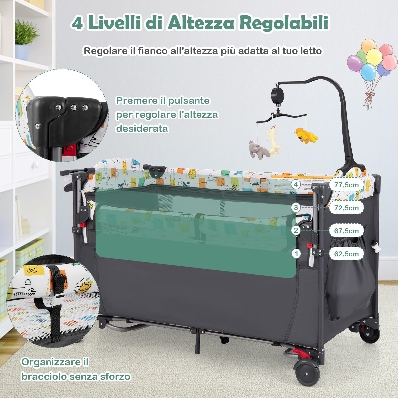 RELAX4LIFE 5 in 1 Lettino Neonato con Materasso, Culla da Campeggio con Fasciatoio e Cintura di Fissaggio, Altezza Regolabile in 4 Livelli, Adatto a Bambini da 0 a 36 Mesi,125 x 66 x 78 cm (Grigio)