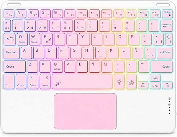 Teclado Bluetooth con Touchpad para iPad,Teclado Español Ñ Inalámbrico Retroiluminado para Tablets,Android,iOS y Windows,Teclado con 7 Colores Recargable Portátil QWERTY para iPad,Samsung,Huawei - 1