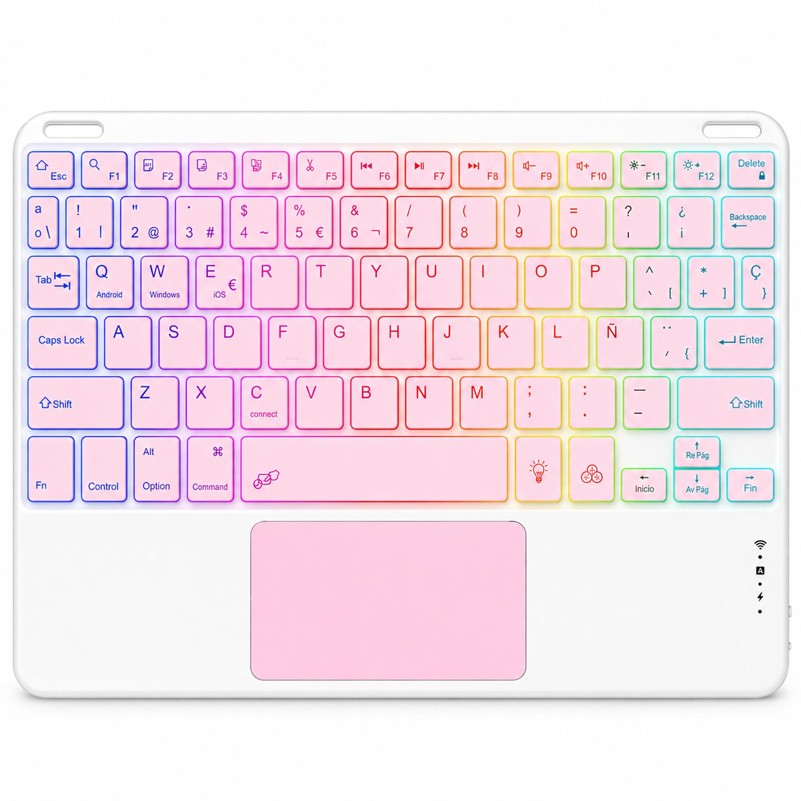 Teclado Bluetooth con Touchpad para iPad,Teclado Español Ñ Inalámbrico Retroiluminado para Tablets,Android,iOS y Windows,Teclado con 7 Colores Recargable Portátil QWERTY para iPad,Samsung,Huawei